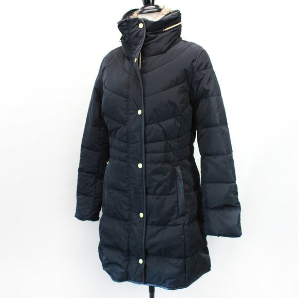 COLE HAAN Signature Black Medium Coat Jacket Faux Fur Collar Quilted Minimalist - Picture 1 of 8